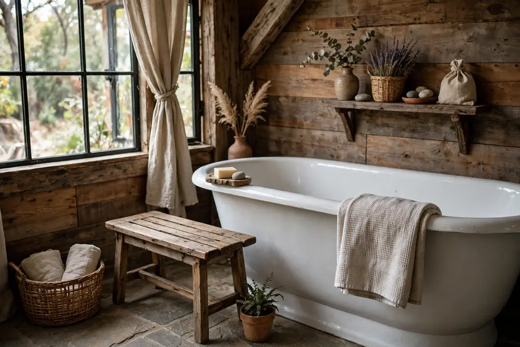 Rustic bathroom with a small wooden bench beside a freestanding tub.