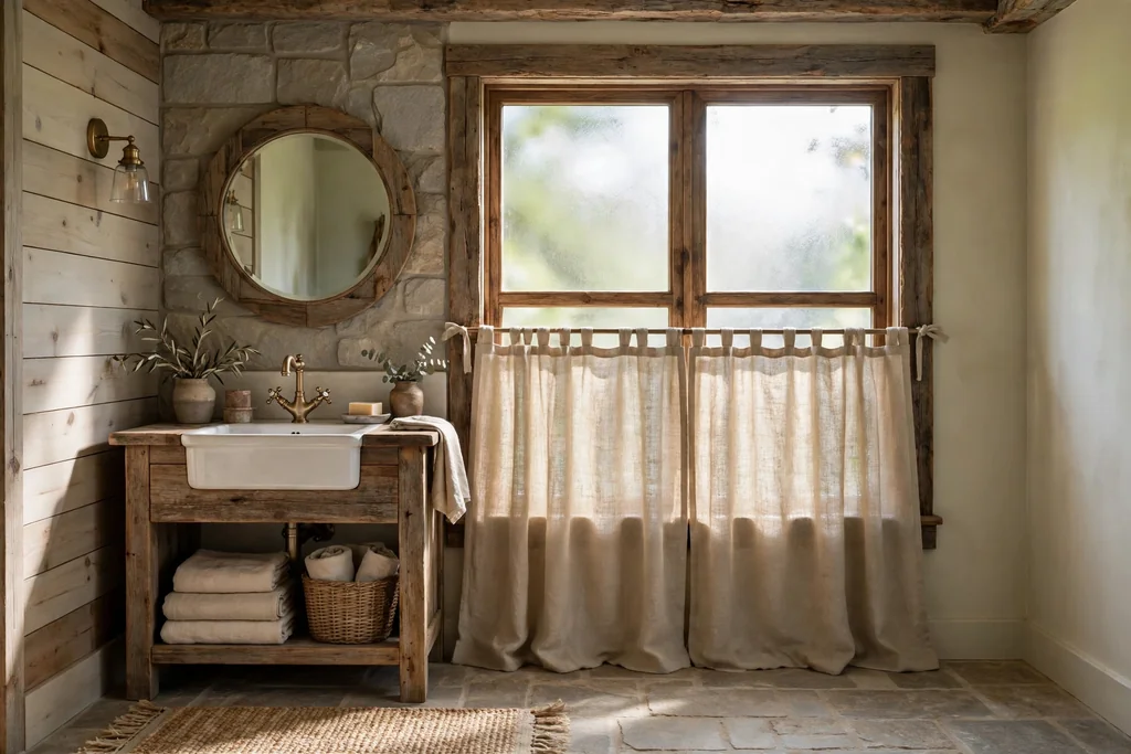 Rustic bathroom with a wood framed window, frosted glass, and a linen curtain.
