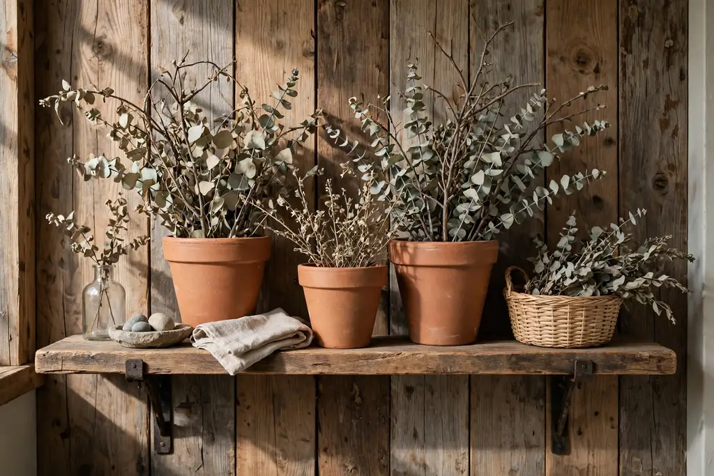 Rustic bathroom shelf with terracotta pots and dried eucalyptus stems.