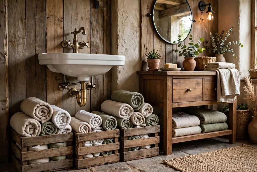 Rustic bathroom with wooden crates under an open sink holding towels.