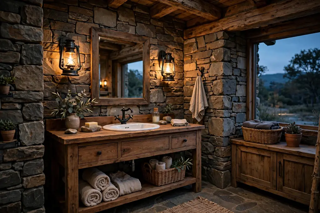 Rustic bathroom at dusk with lantern style lights and warm glow.