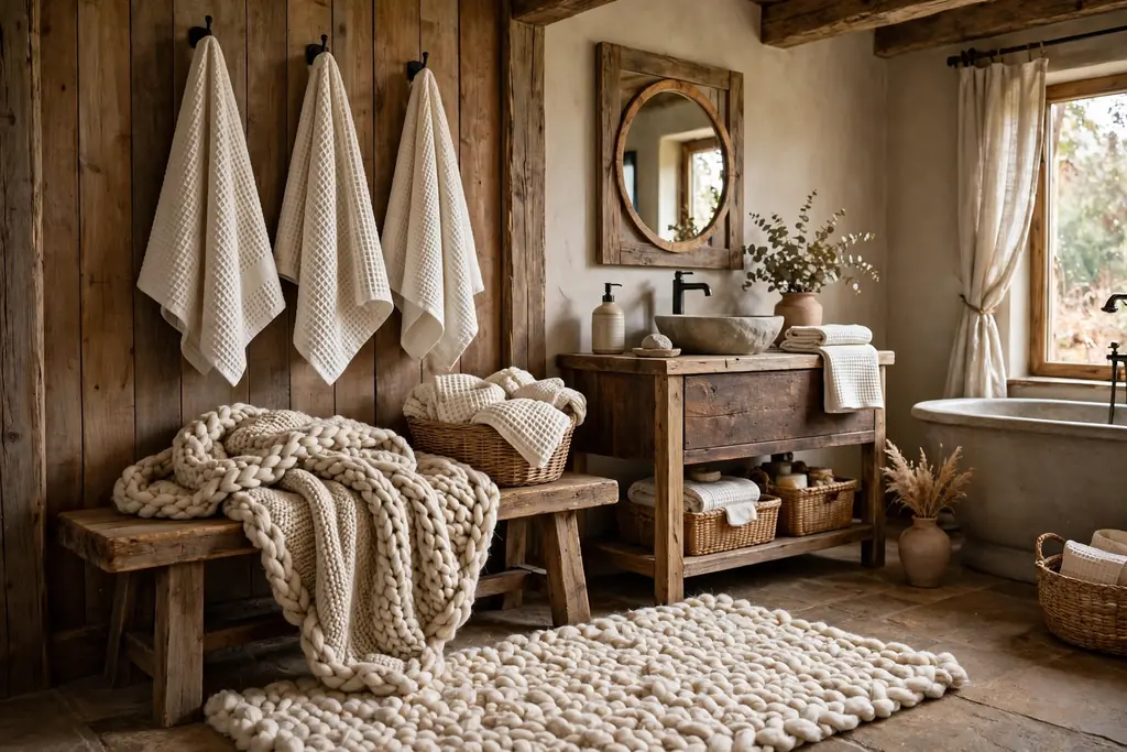 Rustic bathroom with chunky knit textiles, waffle towels, and a thick cotton rug.