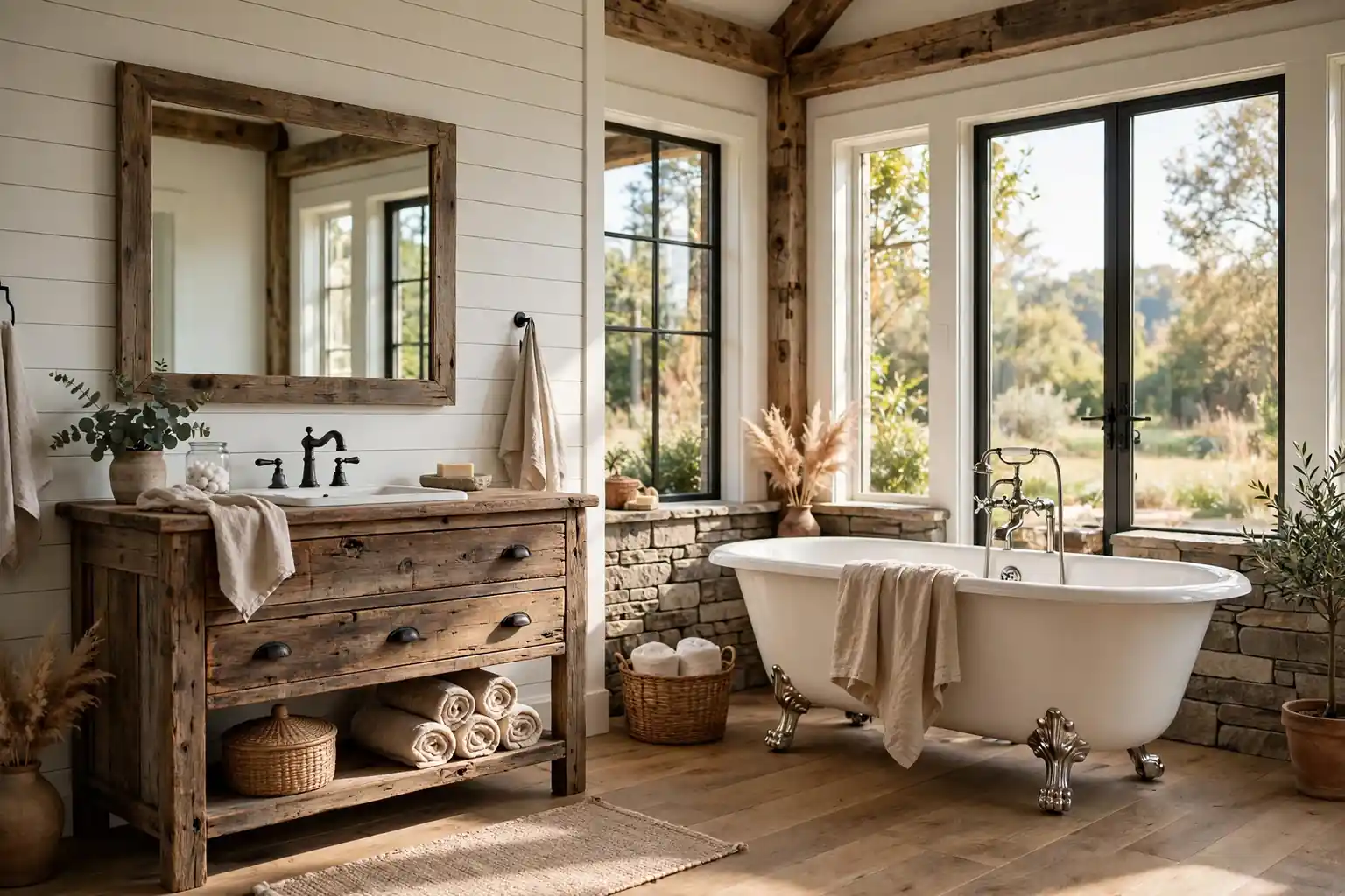 Wide rustic bathroom with a reclaimed wood vanity, clawfoot tub, shiplap wall, and warm light.