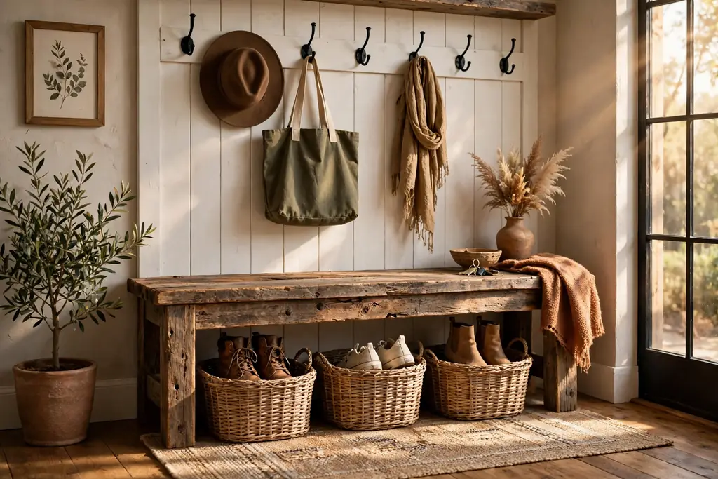 Rustic entryway with a reclaimed wood bench and woven baskets holding shoes below the seat.