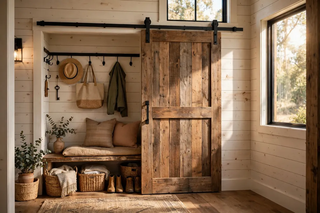 Rustic entry closet with a sliding wood barn door on a black iron rail.