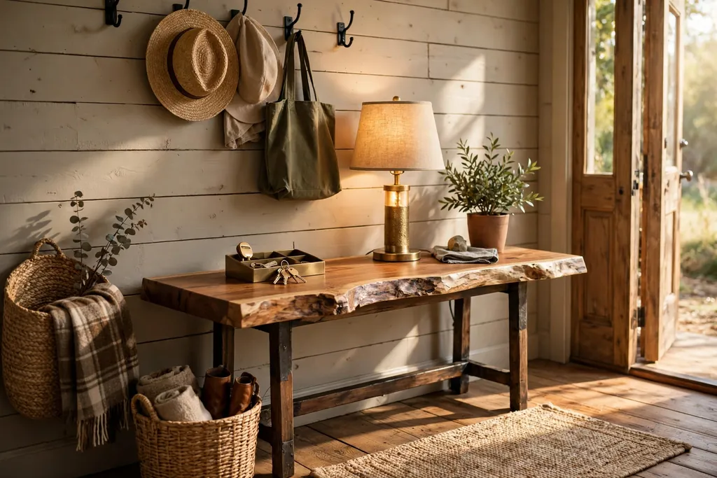 Rustic entryway with a live edge wood console table holding a key tray, a lamp, and a small plant.