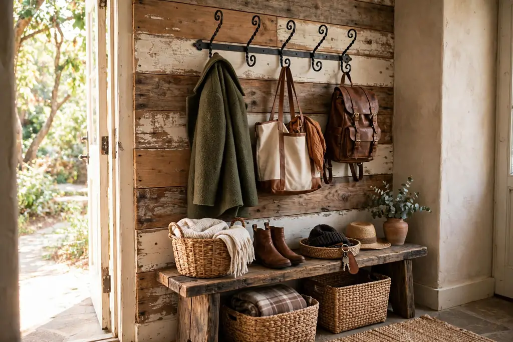 Rustic entry wall with a wrought iron peg rail holding coats and bags.