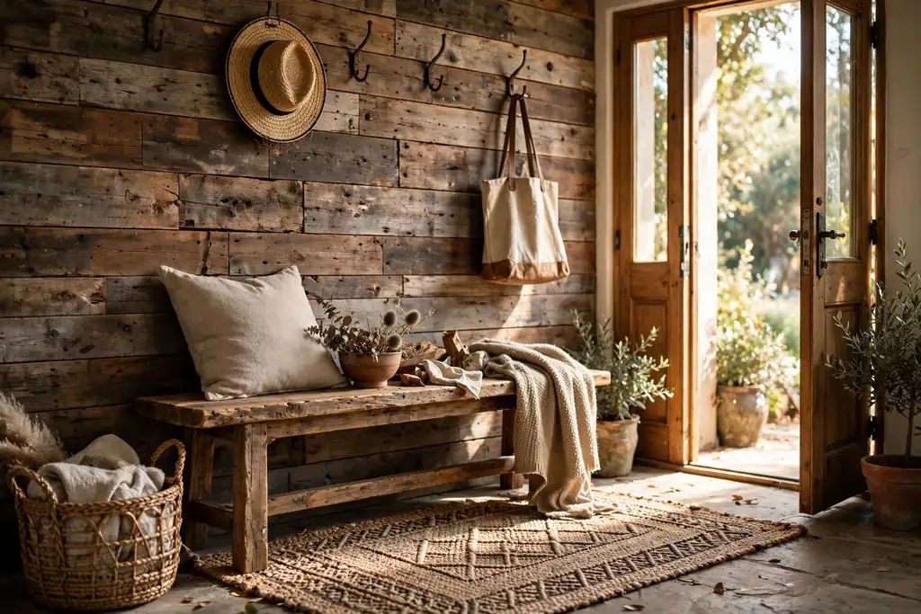 Rustic entryway with a reclaimed wood plank wall behind a wood bench and a woven rug.