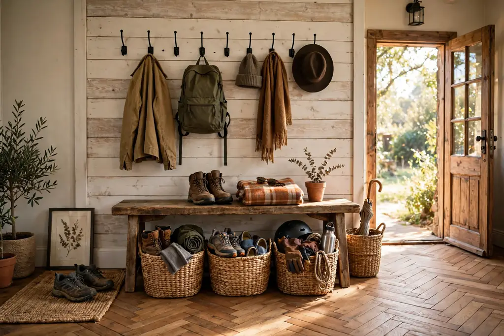 Rustic entryway with woven baskets under a bench holding shoes and gear.