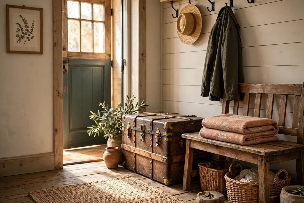 Rustic entryway with a vintage wooden trunk beside a bench holding a folded throw on top.