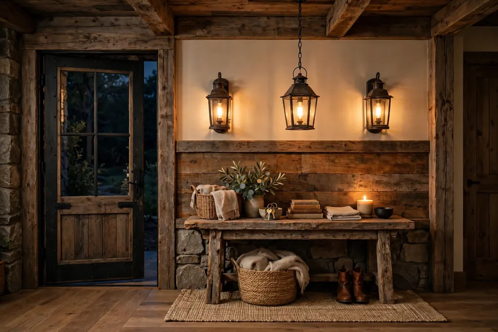 Rustic entryway in the evening with a lantern pendant and warm wall lanterns over a console.
