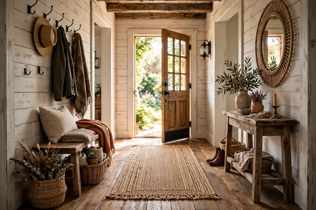 Rustic entry hallway with a jute runner rug on a wood floor leading from the front door.