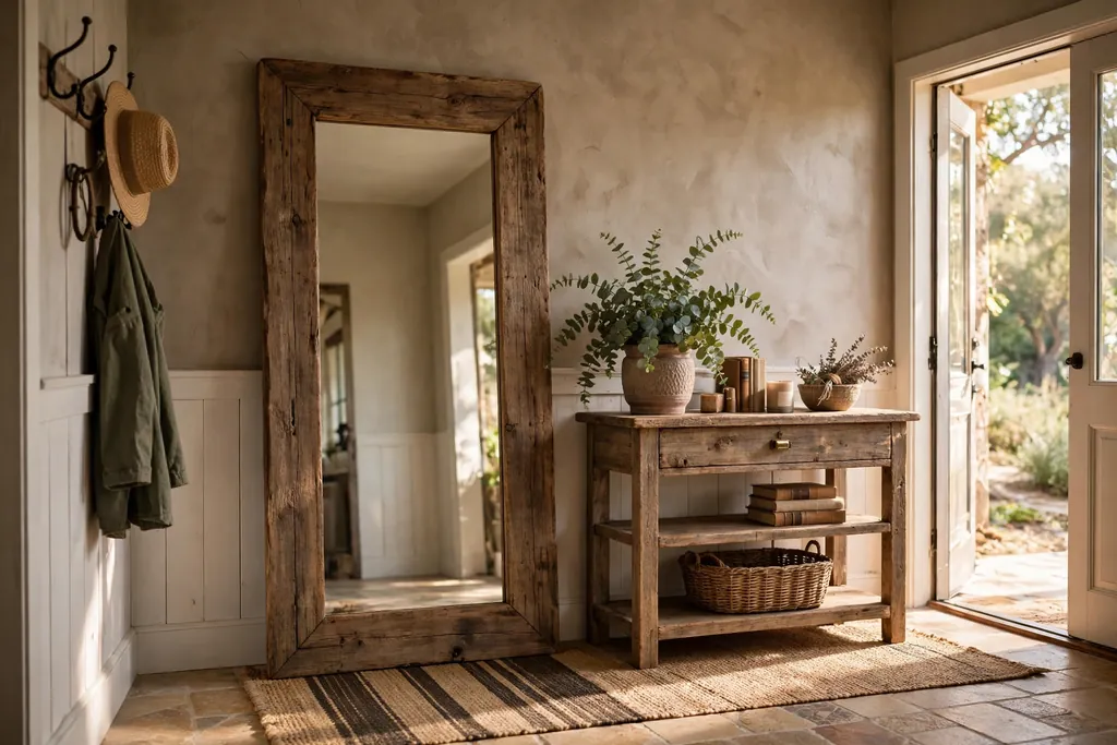 Rustic entryway with a large wood frame mirror beside a console and a plant.