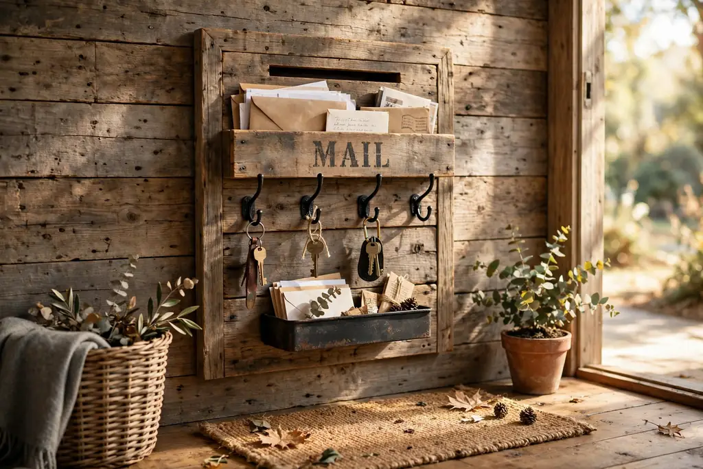 Rustic entry wall with a reclaimed wood key and mail station with iron hooks and a small tray.
