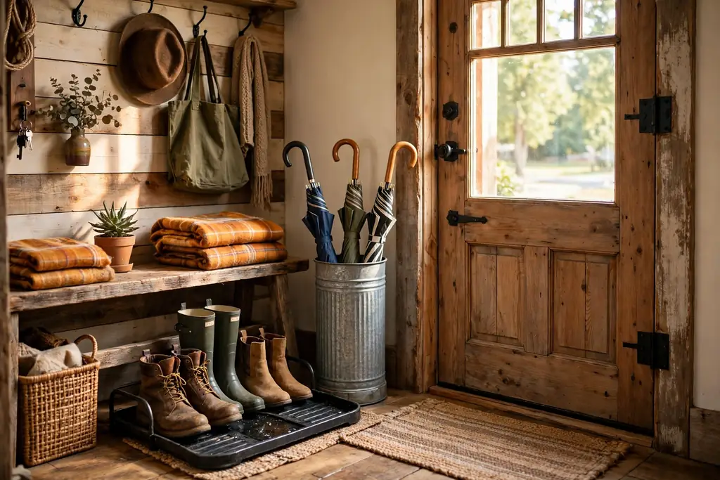 Rustic entryway with a boot tray holding boots and a galvanized metal umbrella stand by the door.