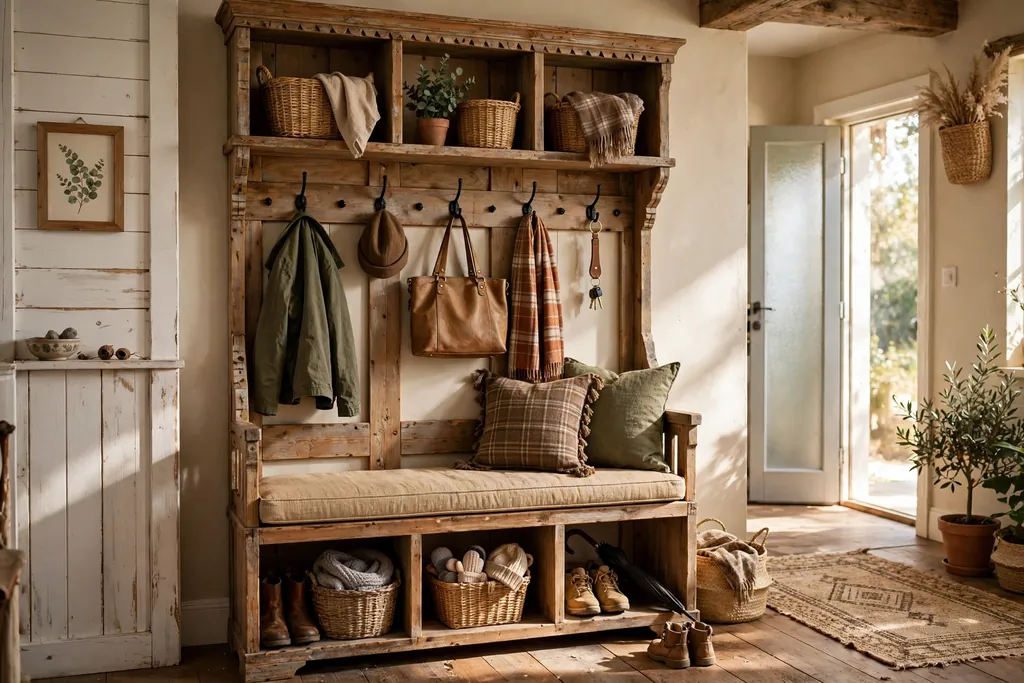 Rustic family entryway with an open cubby hall tree, bench seat, hooks, and top cubbies.
