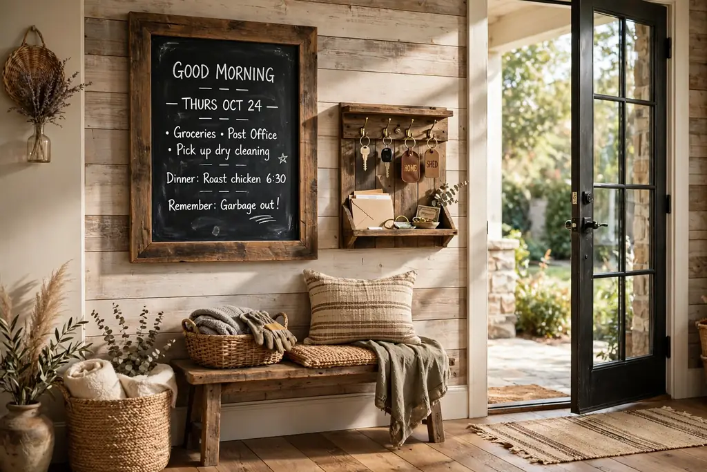Rustic entryway with a framed chalkboard message board in a wood frame near a key station.