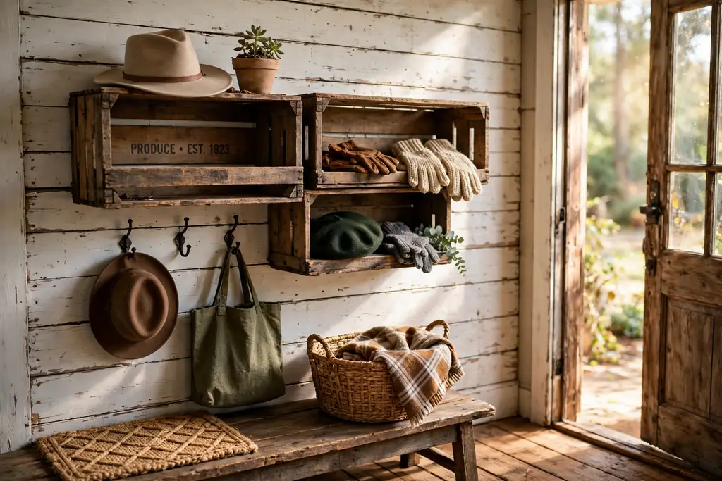 Rustic entry wall with wooden crates fixed as open shelves holding hats, gloves, and a small plant.