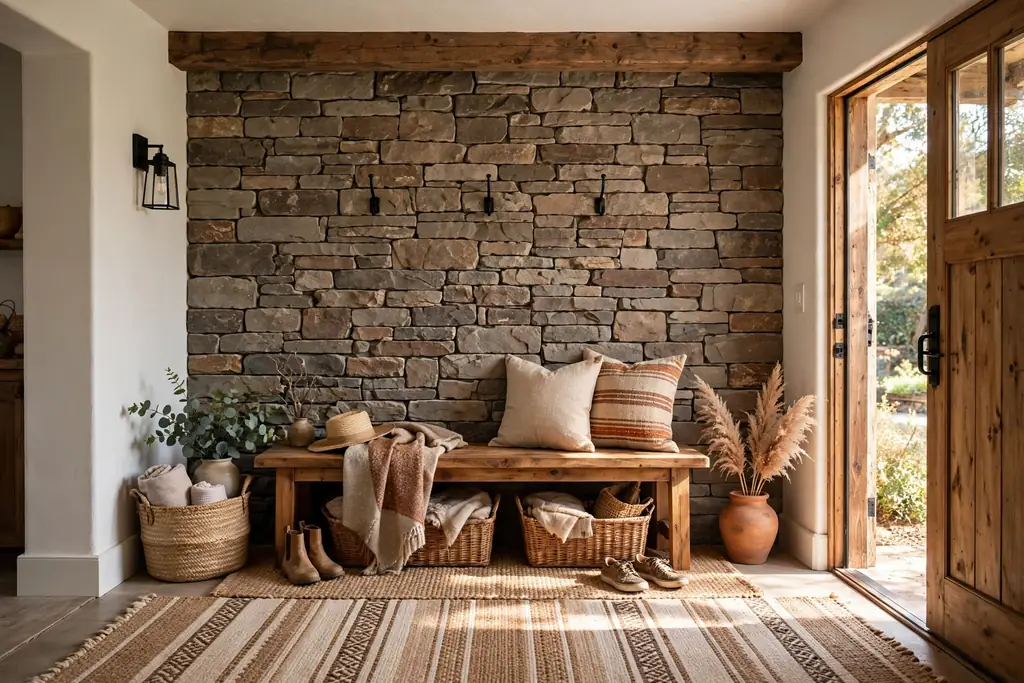 Rustic entryway with a stone veneer feature wall behind a wood bench and a woven rug.
