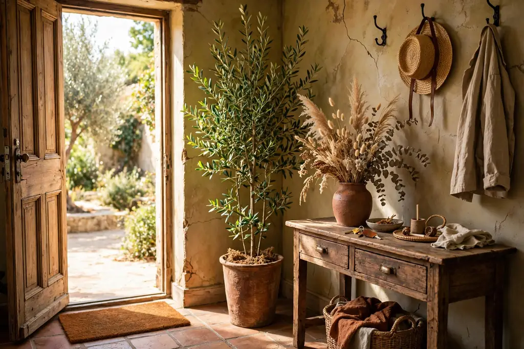 Rustic entry corner with a tall potted plant and a vase of dried stems on a console.