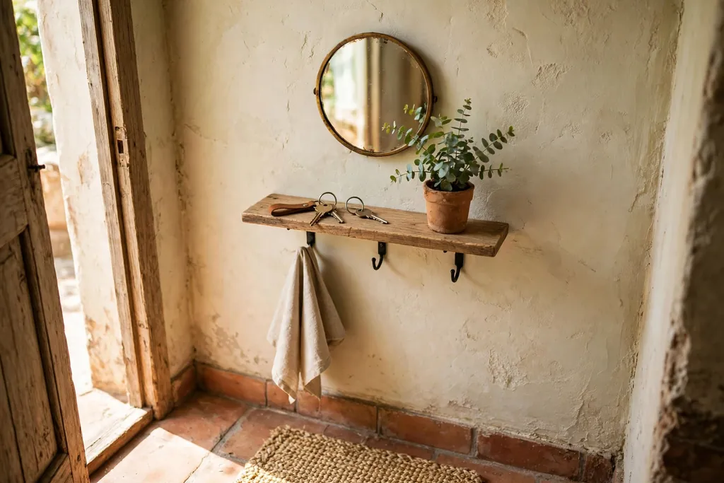Tiny rustic entry with a slim wall shelf and a small mirror above it holding keys and a plant.