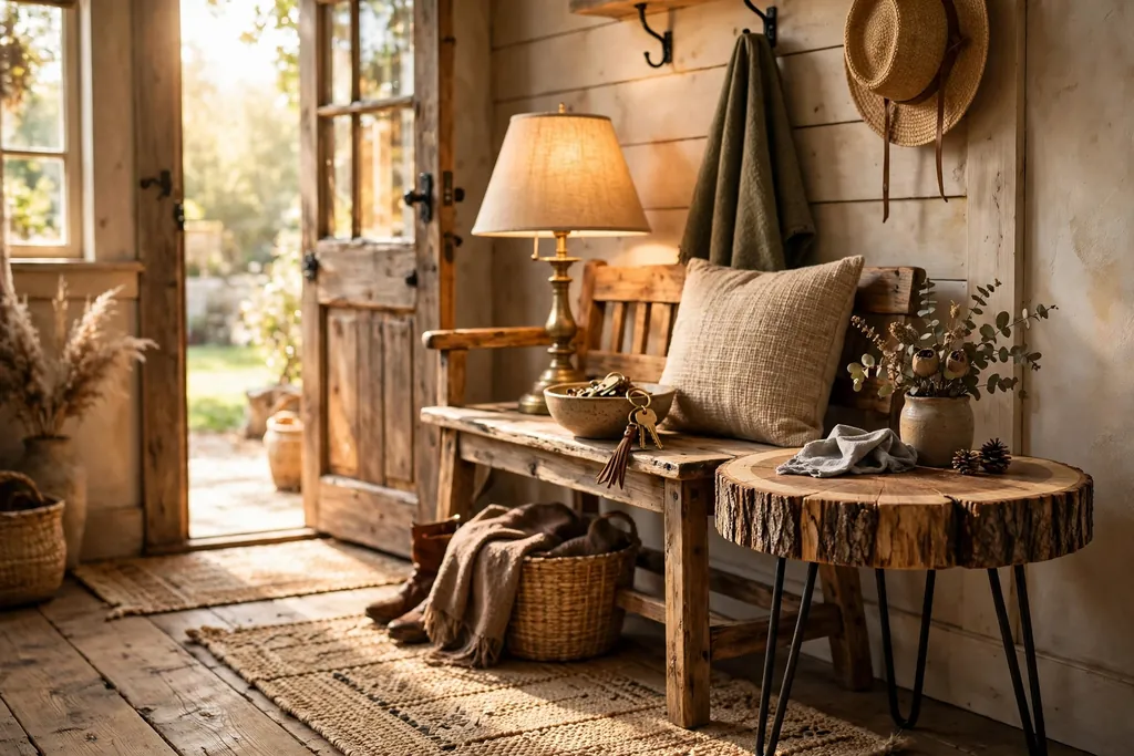 Rustic entryway with a wood slice side table beside a bench holding a lamp and a key bowl.