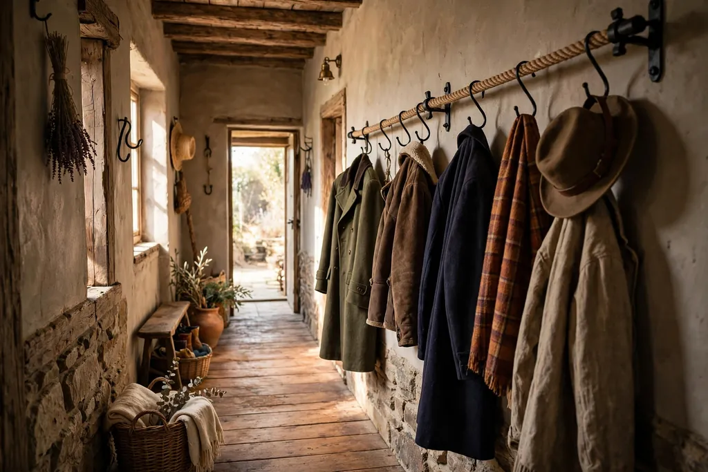 Narrow rustic hallway with a rope and iron coat rail along the wall holding coats.