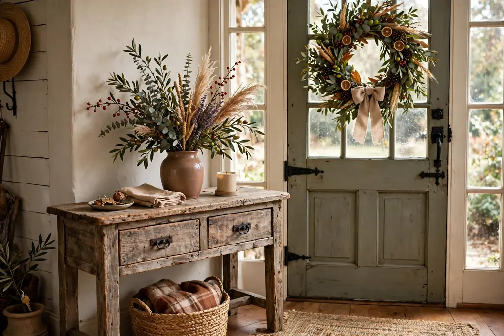 Rustic entry console with a seasonal wreath on the door and a vase of seasonal stems.