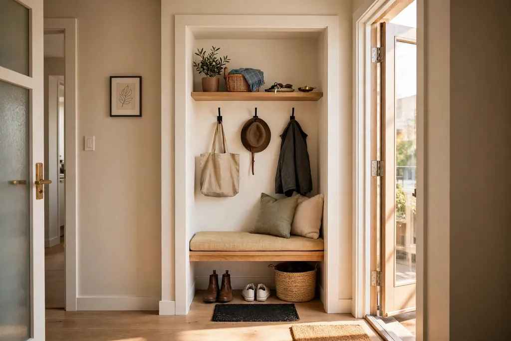 Small apartment entry with a closet alcove turned into a mini mudroom nook with a bench, hooks, and a shelf.