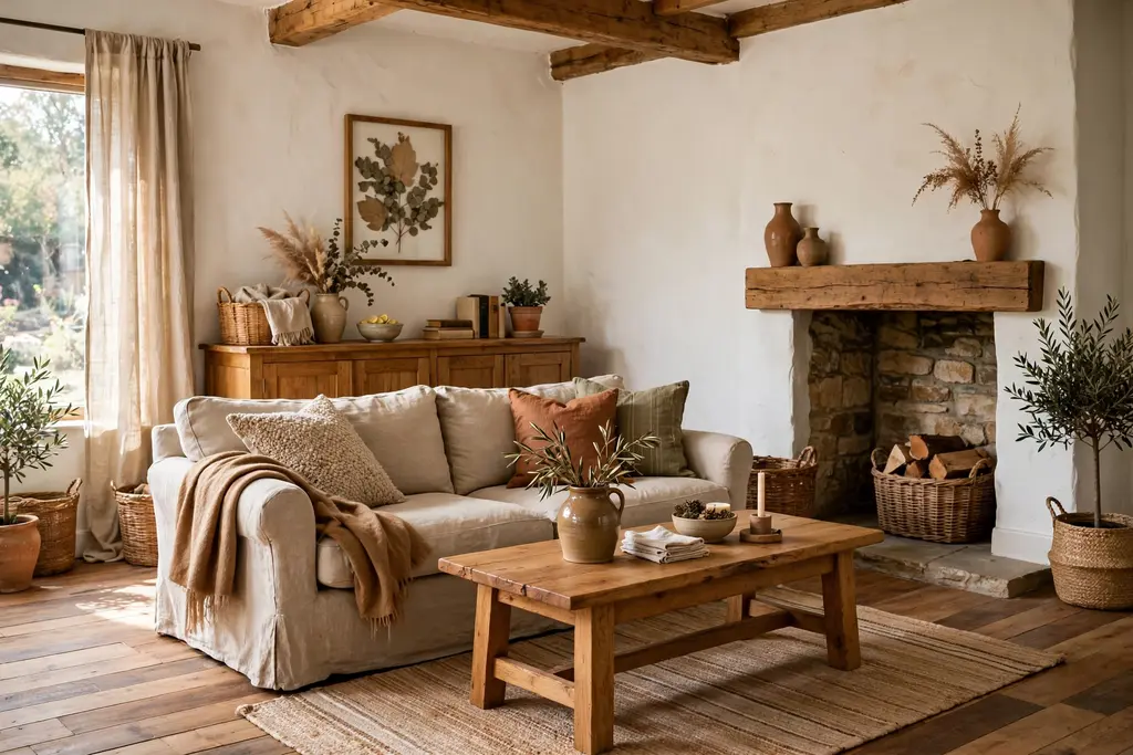 Rustic living room with warm white walls, a mid tone wood floor, and warm oak furniture.
