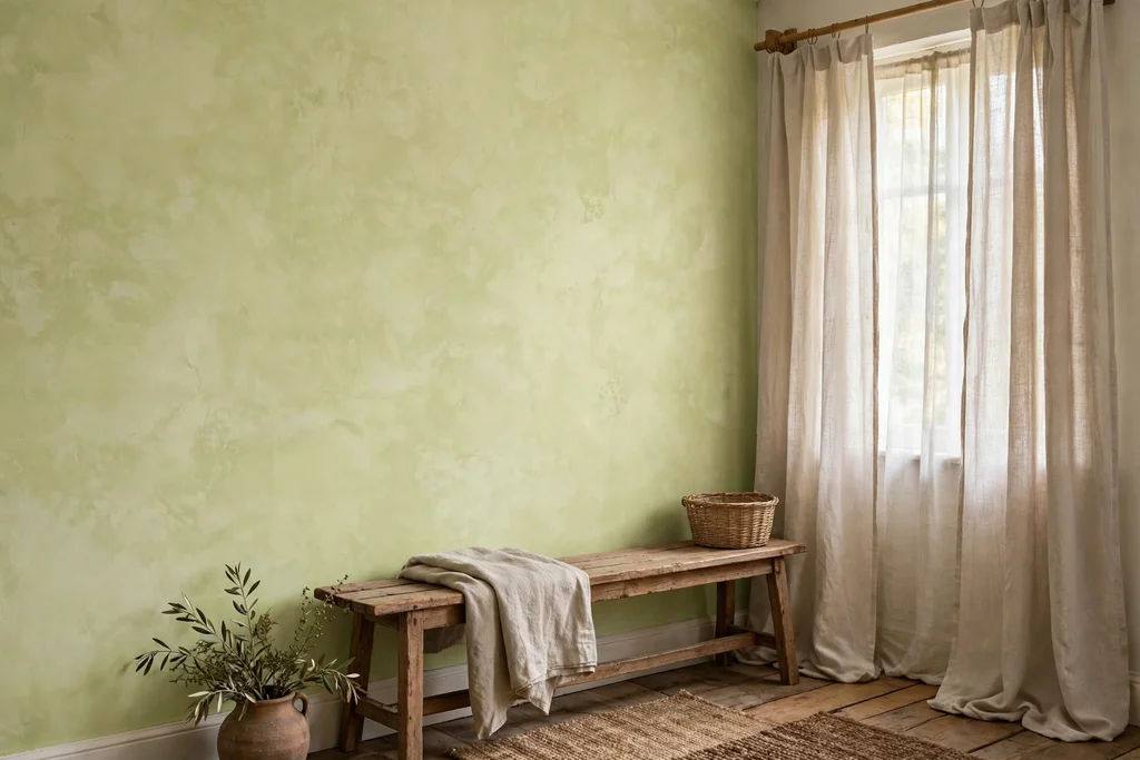 Rustic room wall with a soft limewash finish beside a wood bench and linen curtains.