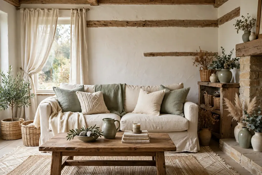 Rustic living room in warm white, cream, and sage with a wood coffee table and linen sofa.
