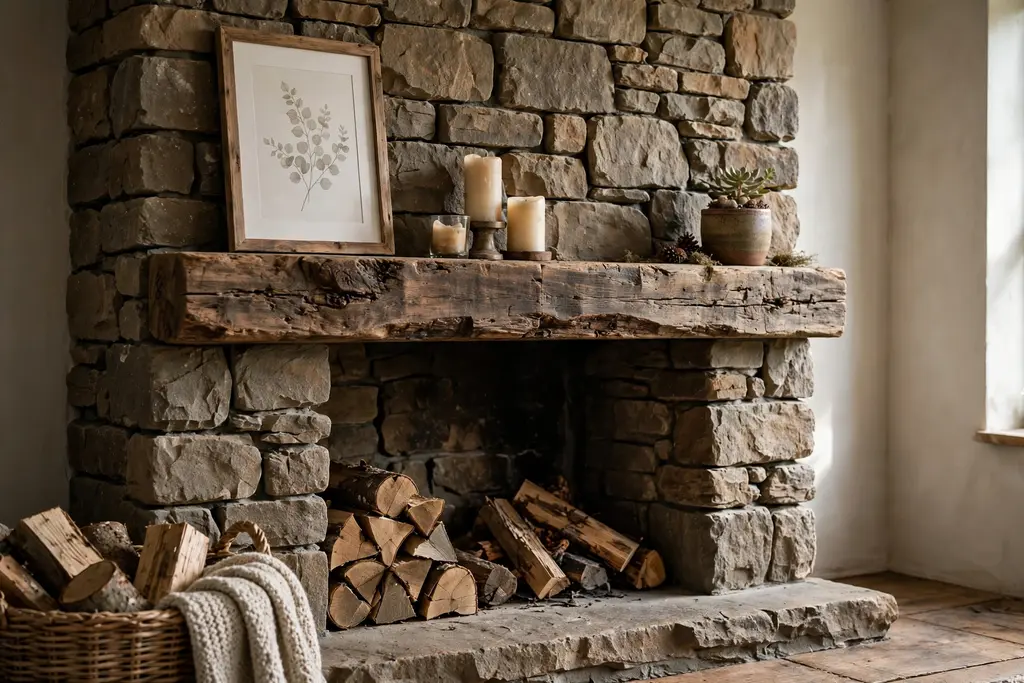 Rustic fireplace with a thick wood mantel styled with a framed print, candles, and a small plant.