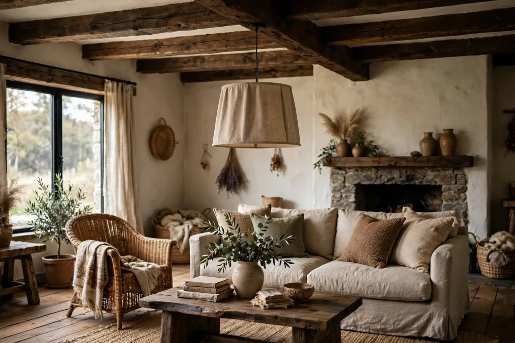 Rustic living room with a single linen pendant light hanging from a dark wood ceiling beam.