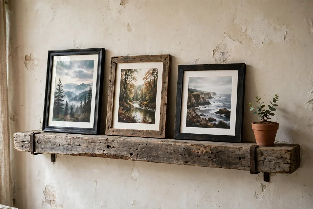 Rustic living room wall with a reclaimed wood picture ledge holding framed prints and a small plant.