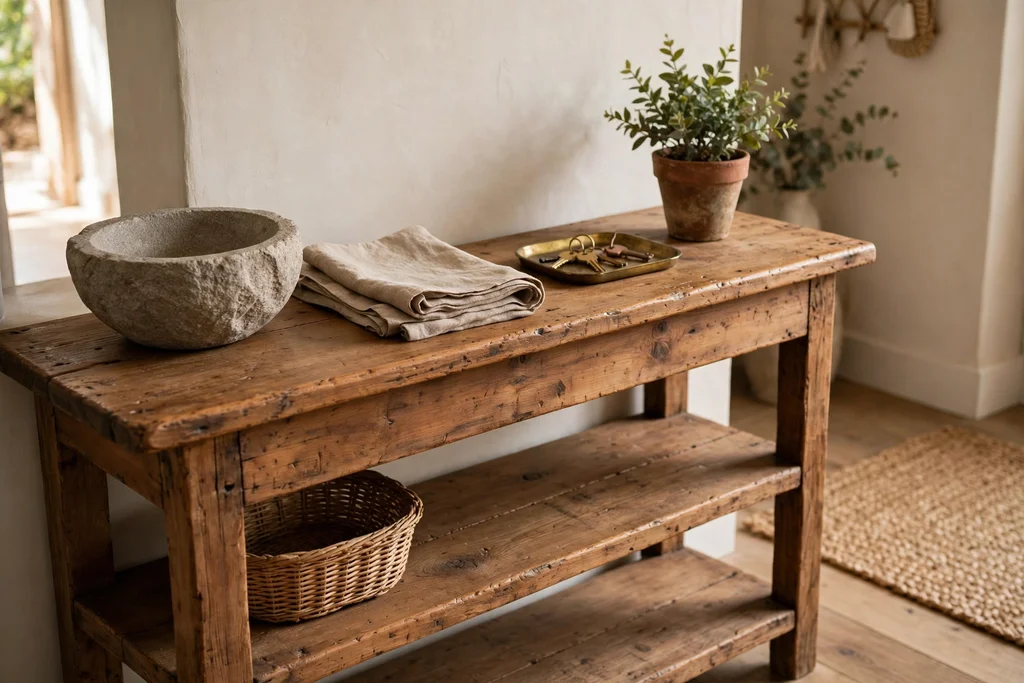 Rustic entry console table in wood with a stone bowl, a folded linen cloth, and a small plant.