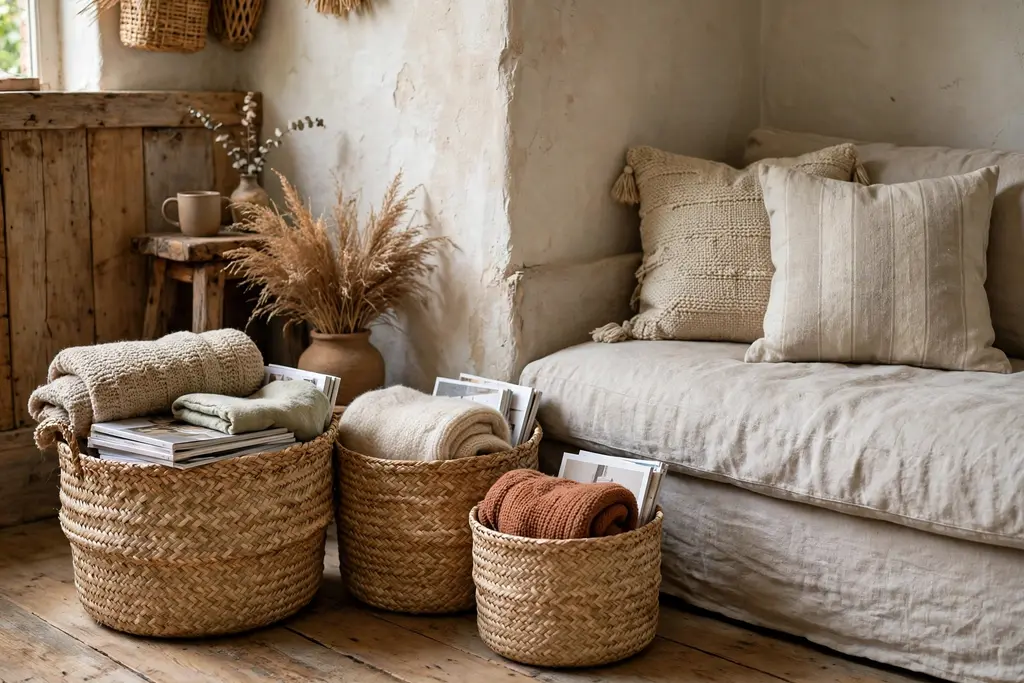Rustic living room corner with woven baskets in three sizes holding throws and magazines.