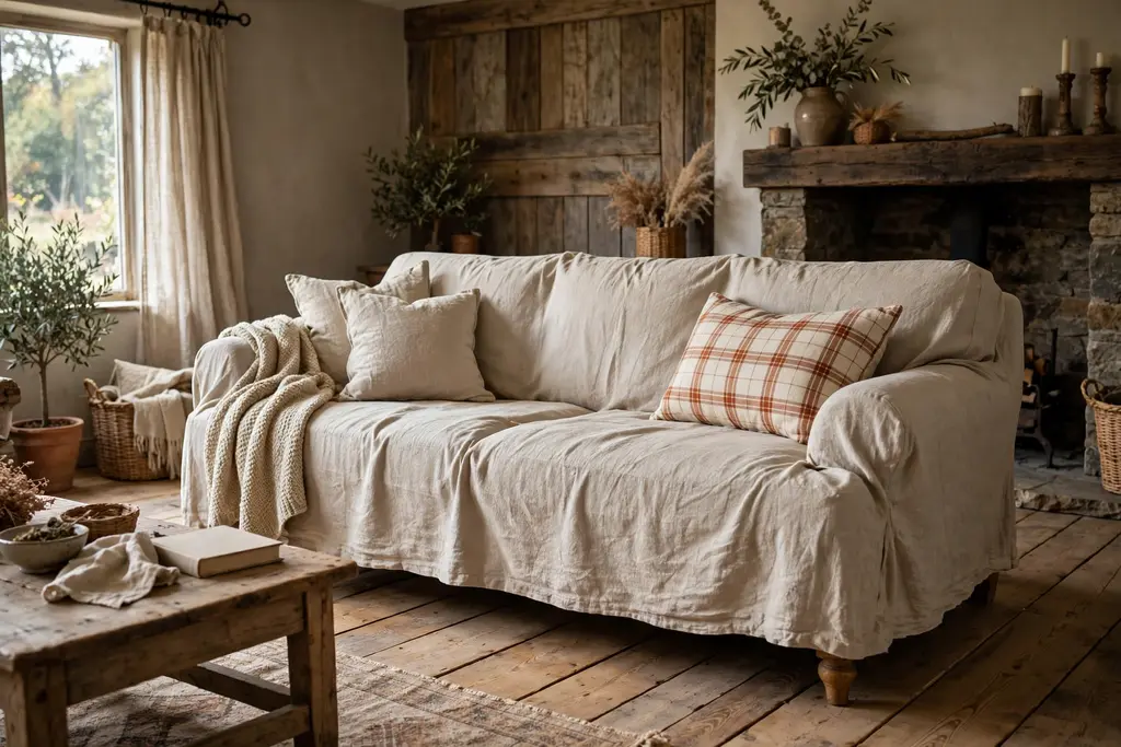 Rustic living room sofa with a natural linen slipcover and one plaid cushion in cream and rust.