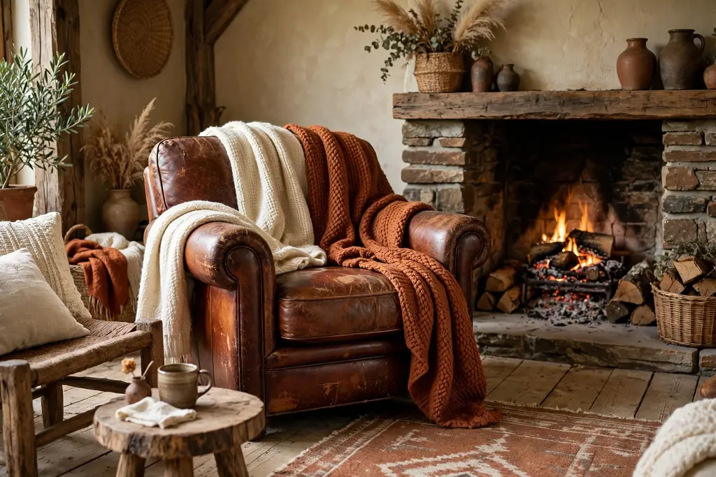 Rustic seating group with a worn leather chair and wool throws in cream and rust.