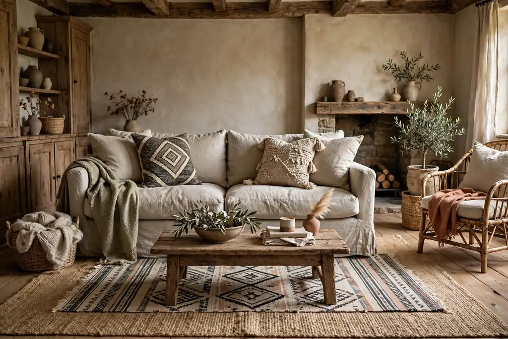 Rustic living room seating area with a patterned flatweave rug layered over a large jute rug.