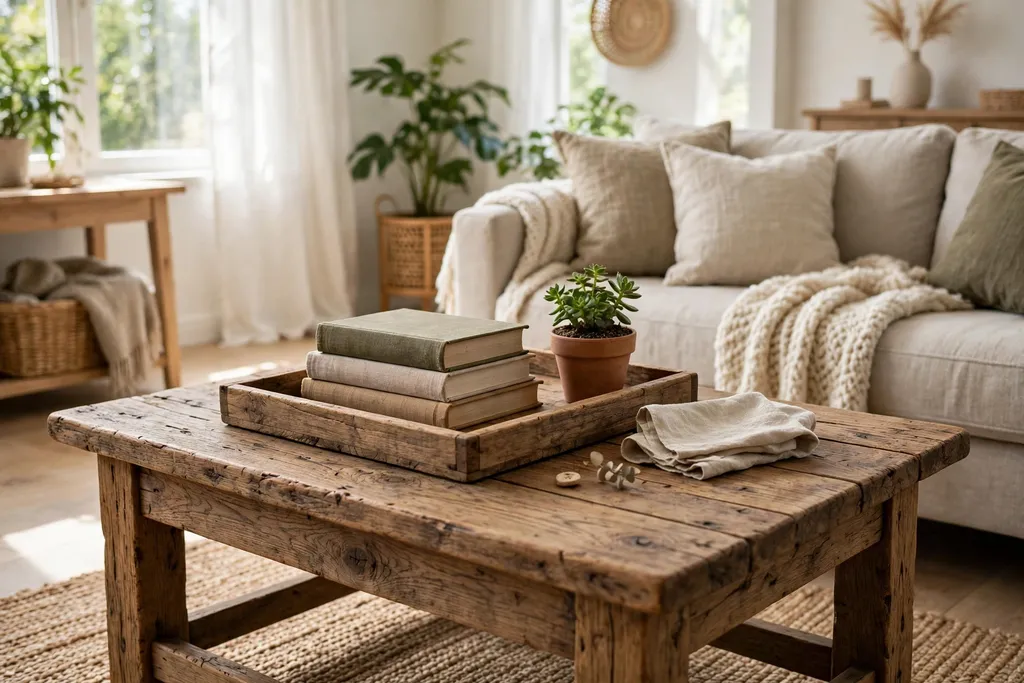 Rustic coffee table styled with a wood tray, a stack of books, and a small potted plant.