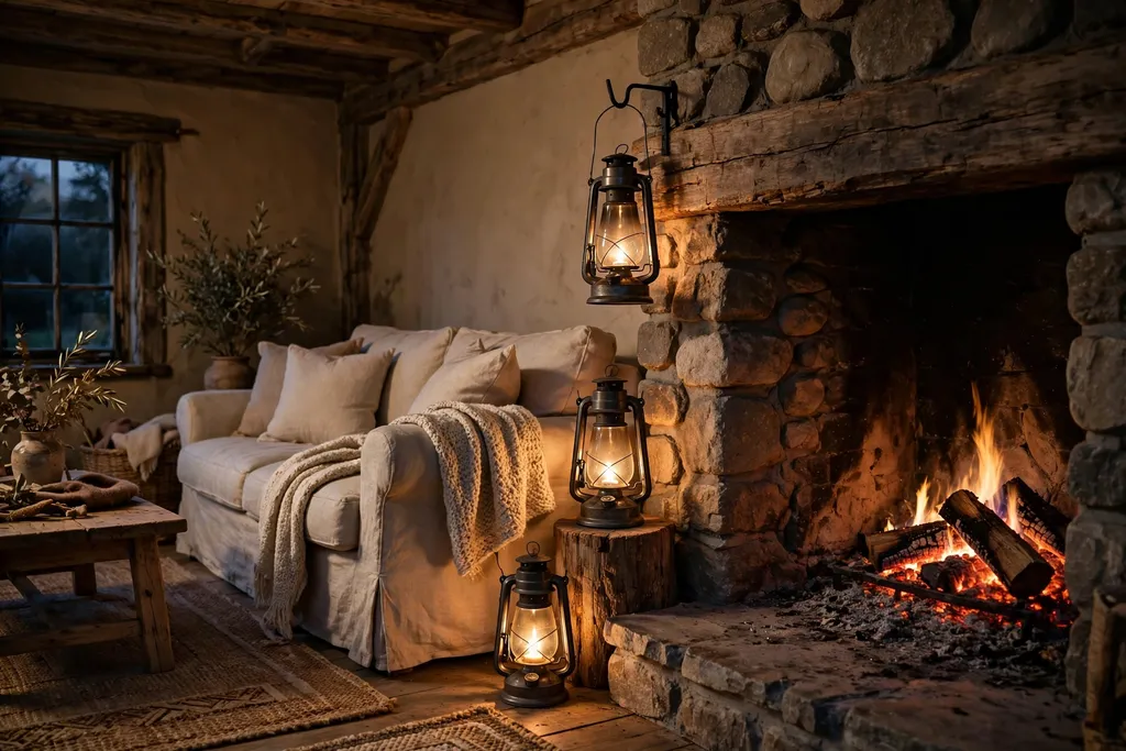 Rustic living room in the evening with lanterns at three heights beside a fireplace.