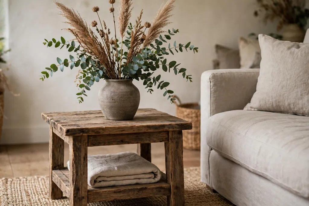 Rustic side table with a stoneware vase holding dried stems mixed with fresh green sprigs.