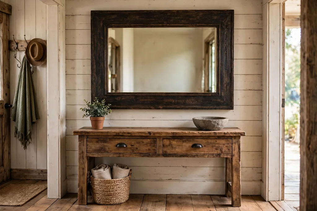 Rustic entry with a large wood framed mirror above a wood console table.