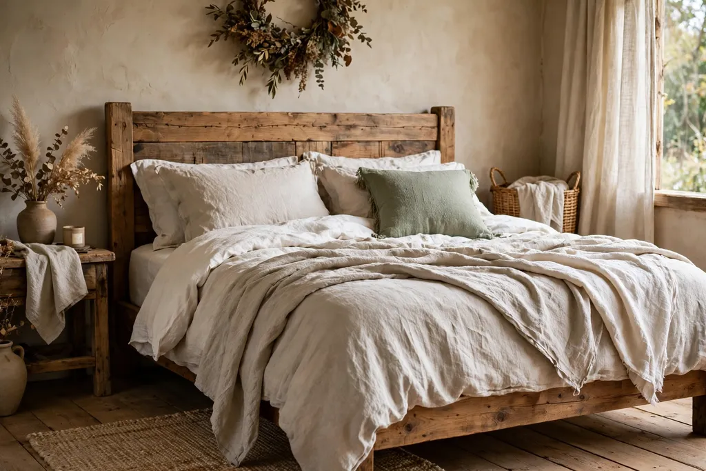 Rustic bedroom bed with layered linen bedding in warm white and oatmeal with a sage accent cushion.