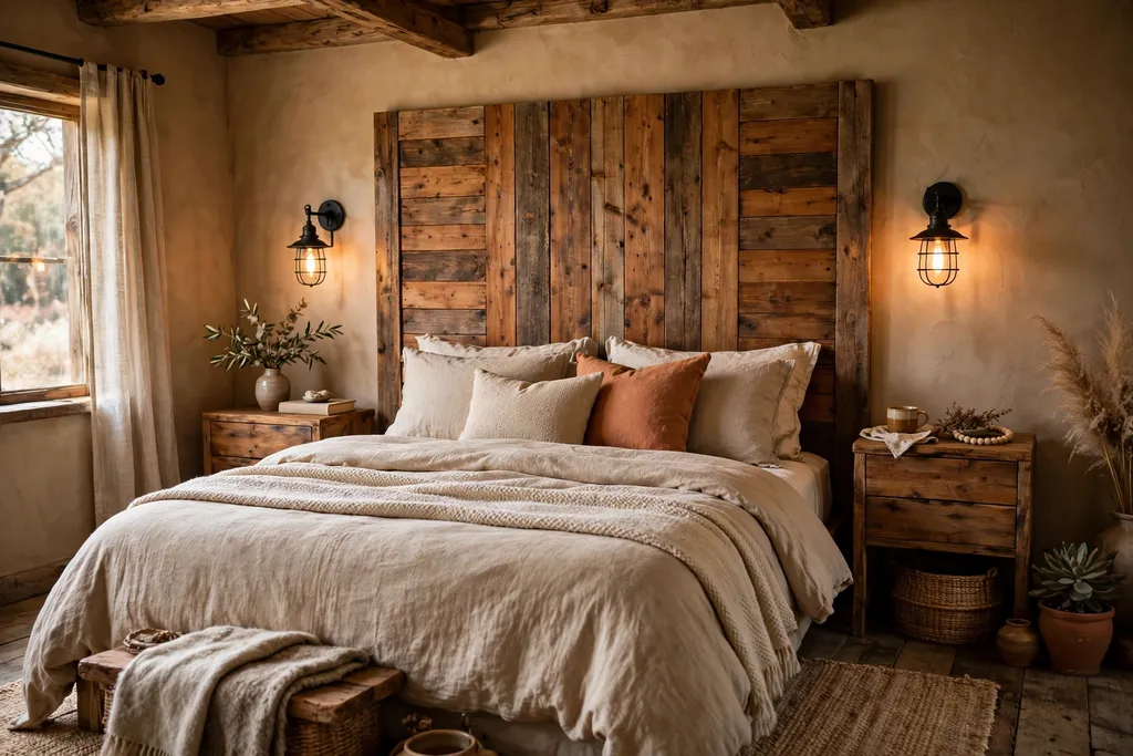 Rustic bedroom with a wood headboard and black iron bedside sconces over nightstands.