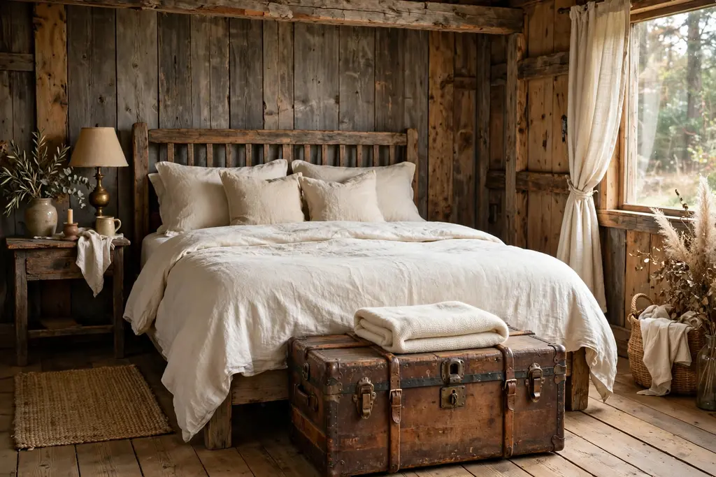 Rustic bedroom with a vintage wooden trunk at the foot of the bed holding a folded throw.