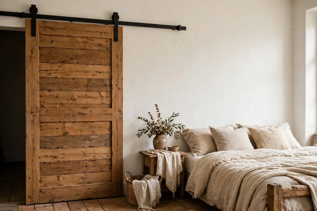 Rustic bedroom wall with a sliding wood barn door on a black iron rail beside a plain wall.