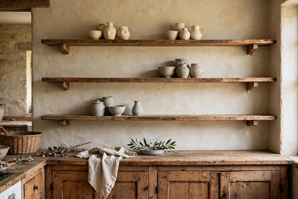 Rustic kitchen with open wood shelves holding cream and stone pottery in small groups.