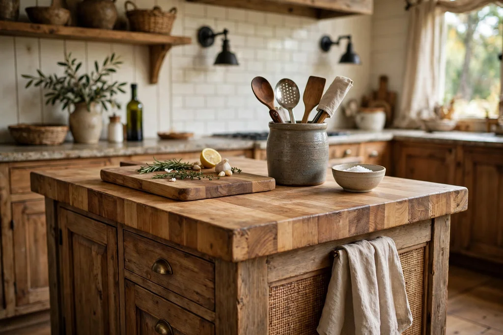 Rustic kitchen island with a butcher block top styled with a wood board and a stoneware crock.